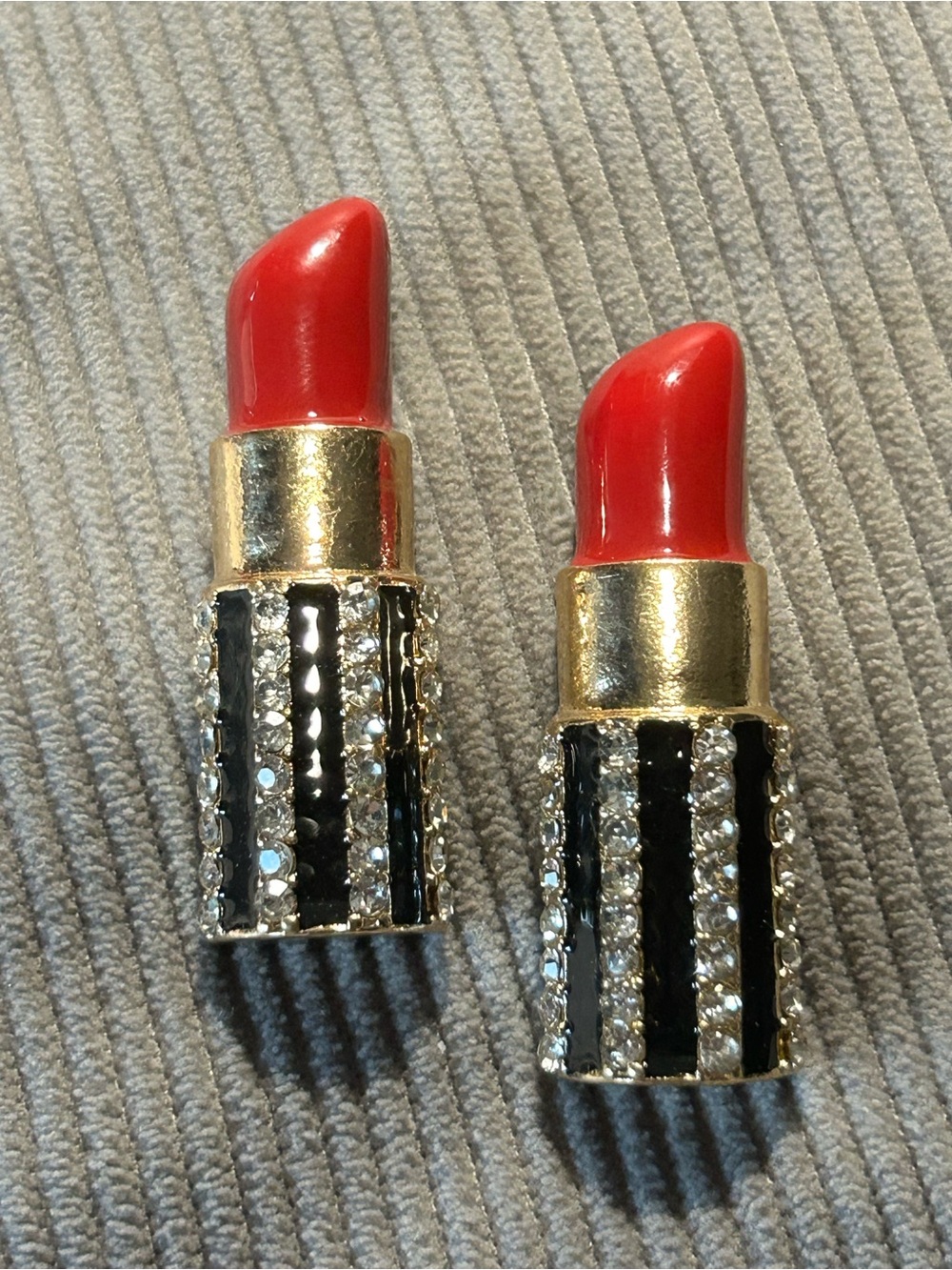 Red Lipstick Drop Stud Earrings with Black & Gold  Rhinestone Accents